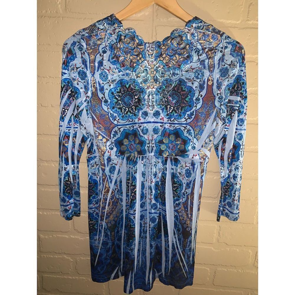 Vintage All Over Print Blue Spandex Lace Trim Top